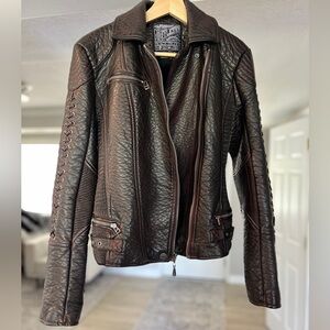 Affliction Womens Faux Leather Motorcycle Jacket Brown